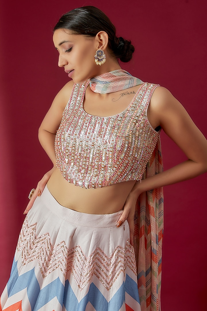 Ivory Bemberg Silk Floral Printed Wedding Lehenga Set by Archana Shah at Pernia's Pop Up Shop