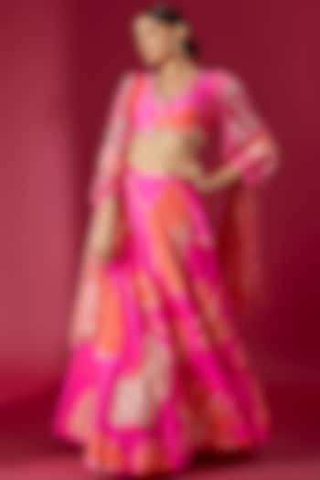 Fuschia Bemberg Silk Floral Printed Lehenga Set by Archana Shah