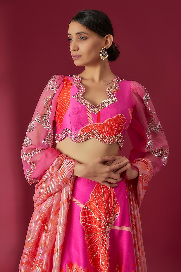 Fuschia Bemberg Silk Floral Printed Wedding Lehenga Set by Archana Shah at Pernia's Pop Up Shop