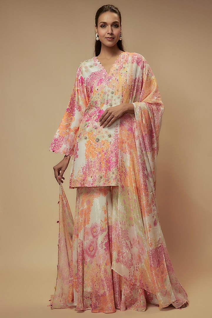 Multi-Colored Natural Bemberg Silk Digital Printed Sharara Set by Archana Shah