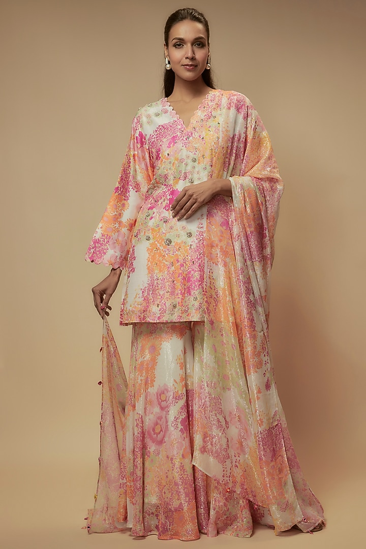 Multi-Colored Natural Bemberg Silk Digital Printed Wedding Sharara Set by Archana Shah at Pernia's Pop Up Shop