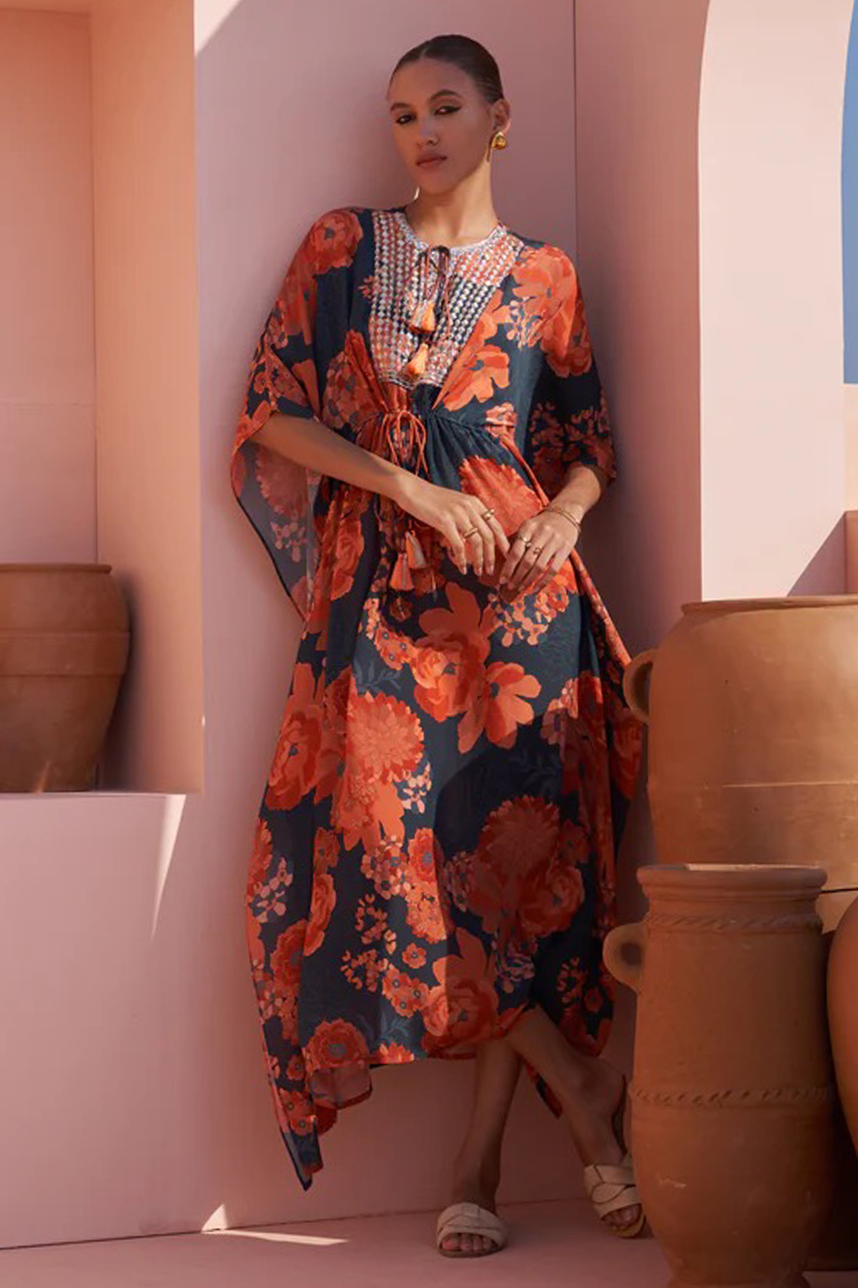Navy Blue Shimmer Georgette Digital Printed & Sequins Embroidered Kaftan by Archana Shah at Pernia's Pop Up Shop