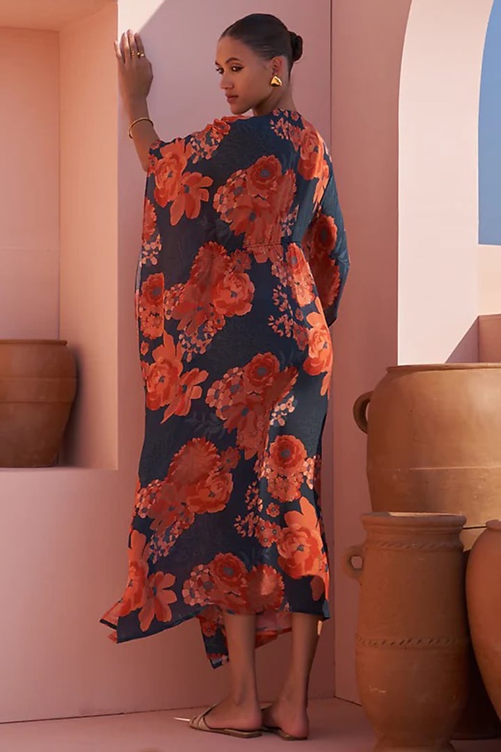 Navy Blue Shimmer Georgette Digital Printed & Sequins Embroidered Kaftan by Archana Shah at Pernia's Pop Up Shop