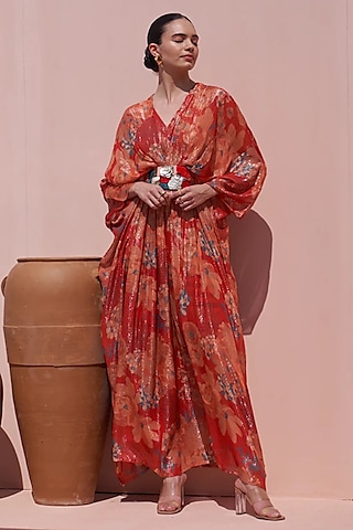 Red Bemberg Silk Sequins Embroidered Kaftan Set by Archana Shah