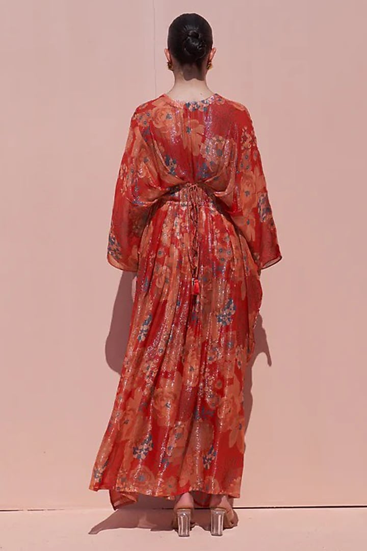 Red Bemberg Silk Sequins Embroidered Kaftan Set by Archana Shah at Pernia's Pop Up Shop