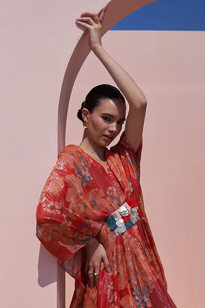 Red Bemberg Silk Sequins Embroidered Kaftan Set by Archana Shah at Pernia's Pop Up Shop