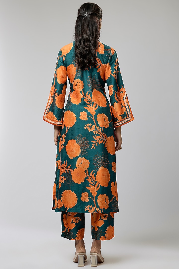 Navy & Orange Bemberg Silk Moroccan Jaal Printed Kurta Set by Archana Shah at Pernia's Pop Up Shop