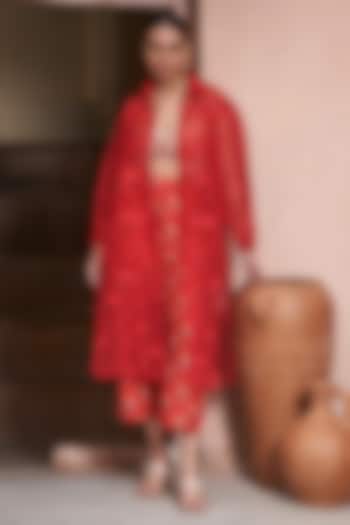 Red Organza & Bemberg Silk Shirt Cape Set by Archana Shah at Pernia's Pop Up Shop