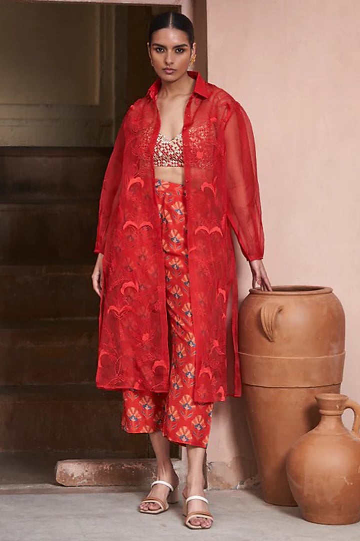 Red Organza & Bemberg Silk Shirt Cape Set by Archana Shah at Pernia's Pop Up Shop