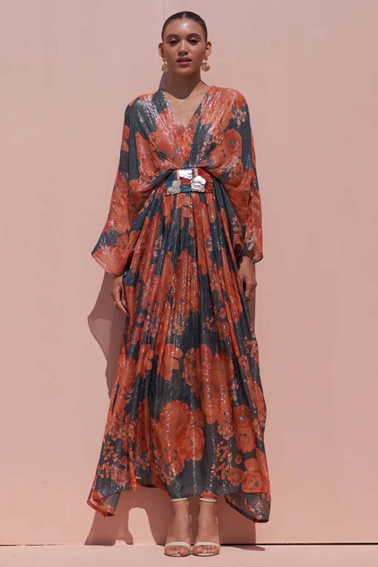 Red Bemberg Silk Sequins Embroidered Kaftan Set by Archana Shah at Pernia's Pop Up Shop