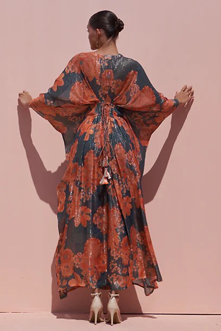 Red Bemberg Silk Sequins Embroidered Kaftan Set by Archana Shah at Pernia's Pop Up Shop