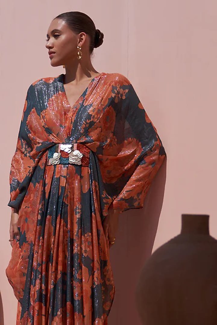 Red Bemberg Silk Sequins Embroidered Kaftan Set by Archana Shah at Pernia's Pop Up Shop