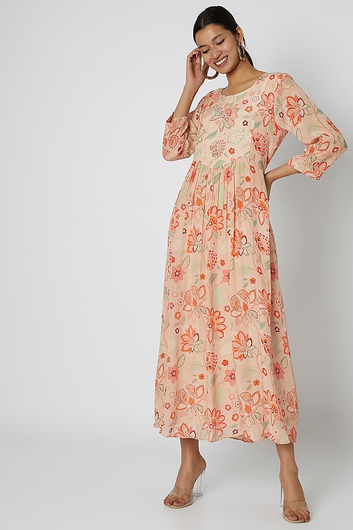 Peach Embellished & Floral Printed Dress by Archana Shah