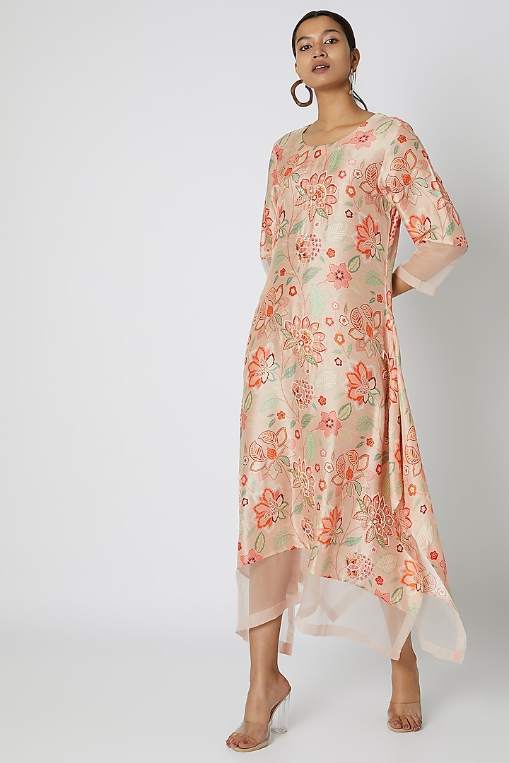 Peach Embellished & Floral Printed Tunic by Archana Shah