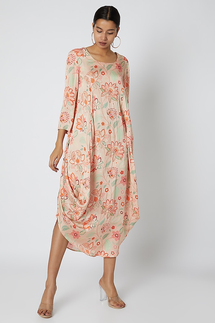 Peach Embellished & Floral Printed Cowl Dress by Archana Shah