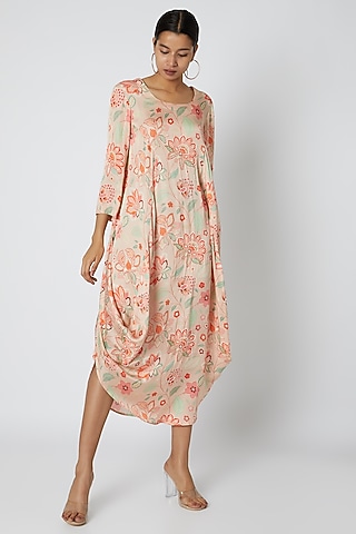 Peach Bemberg Crepe Floral Digital Printed & Sequins Embellished Cowl Dress by Archana Shah