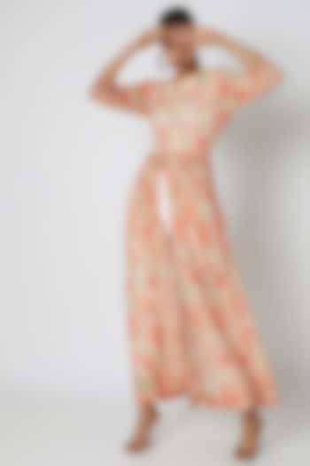 Peach Embellished & Printed Floral Dress With Slit by Archana Shah