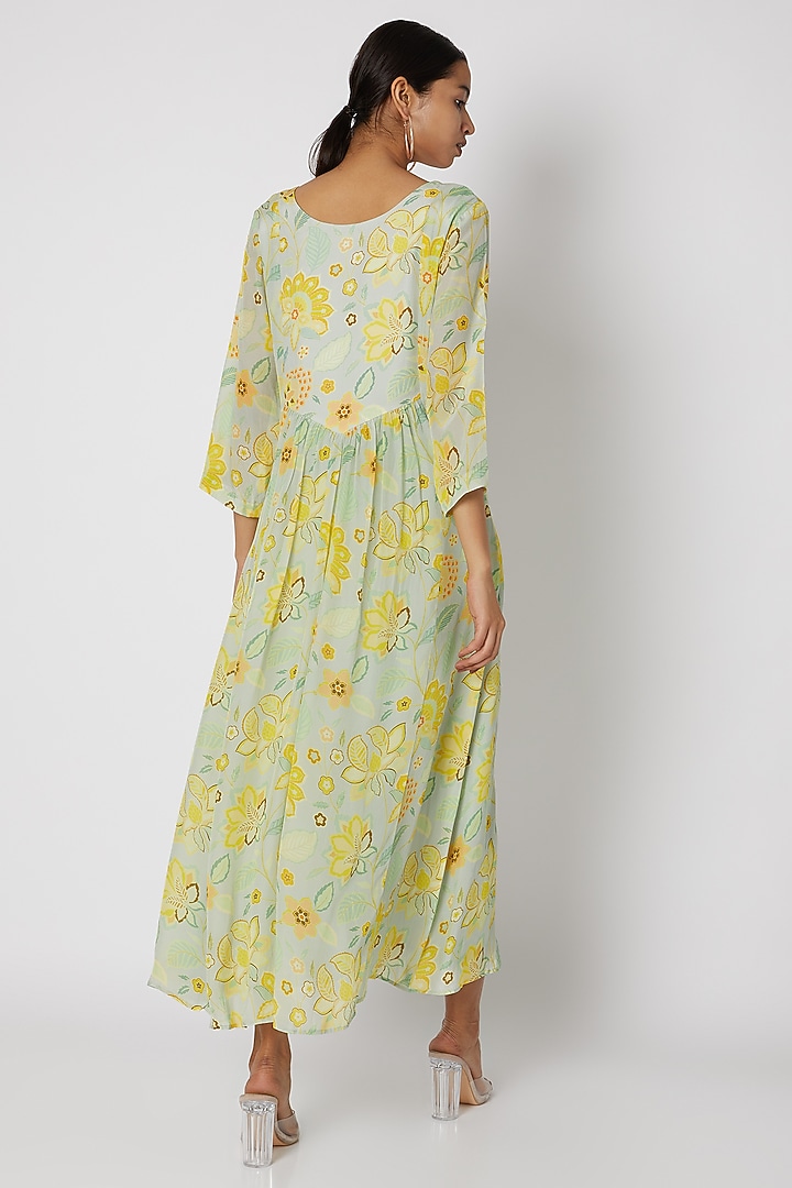 Sky Blue Embellished & Printed Tunic Dress With Gathers by Archana Shah at Pernia's Pop Up Shop