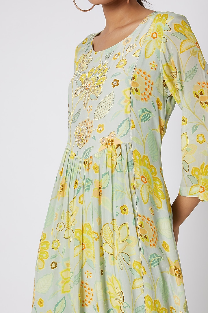 Sky Blue Embellished & Printed Tunic Dress With Gathers by Archana Shah at Pernia's Pop Up Shop