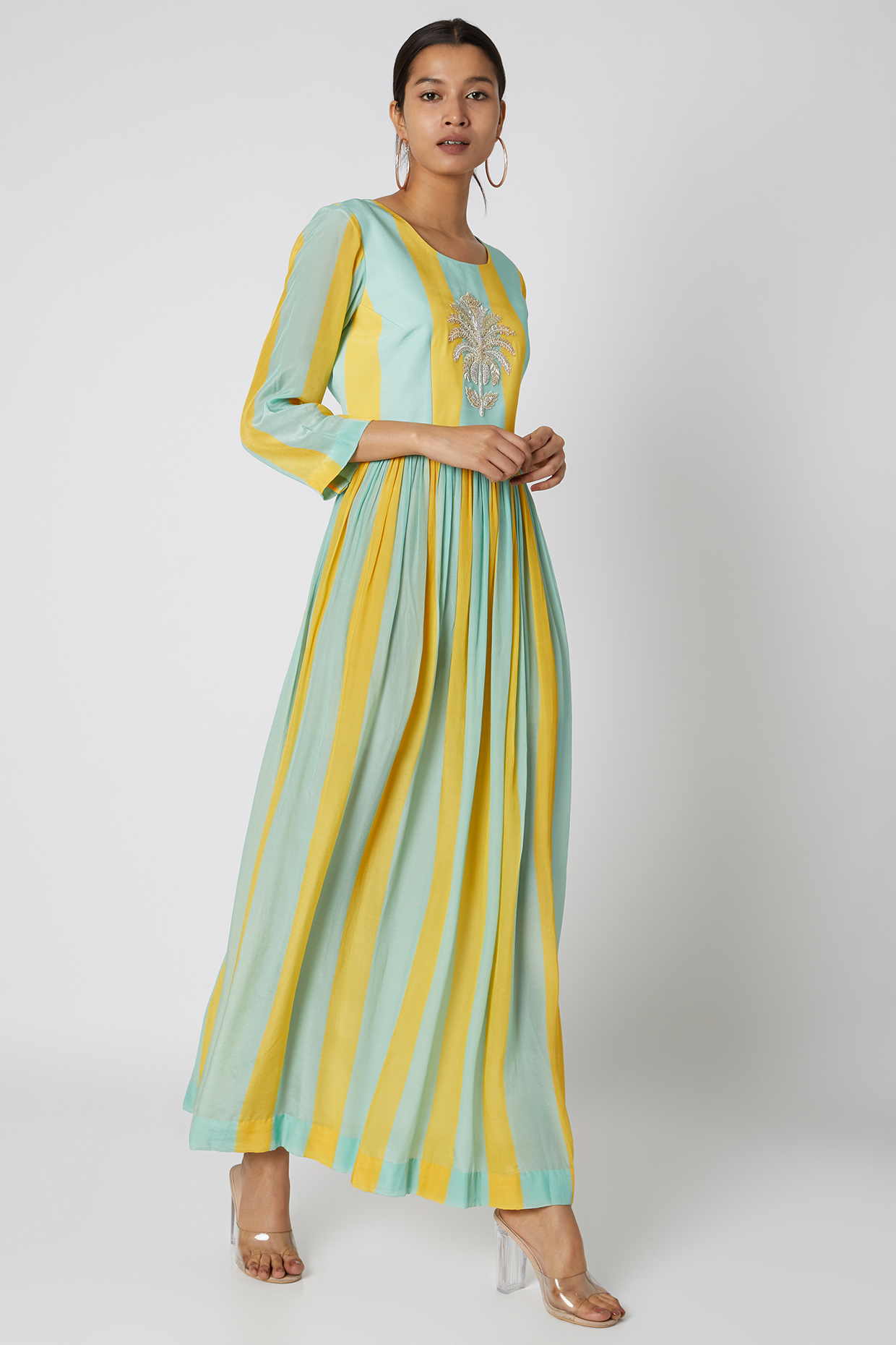 Yellow Embroidered Party Wear Gown With Digital Print by Archana Shah at Pernia's Pop Up Shop