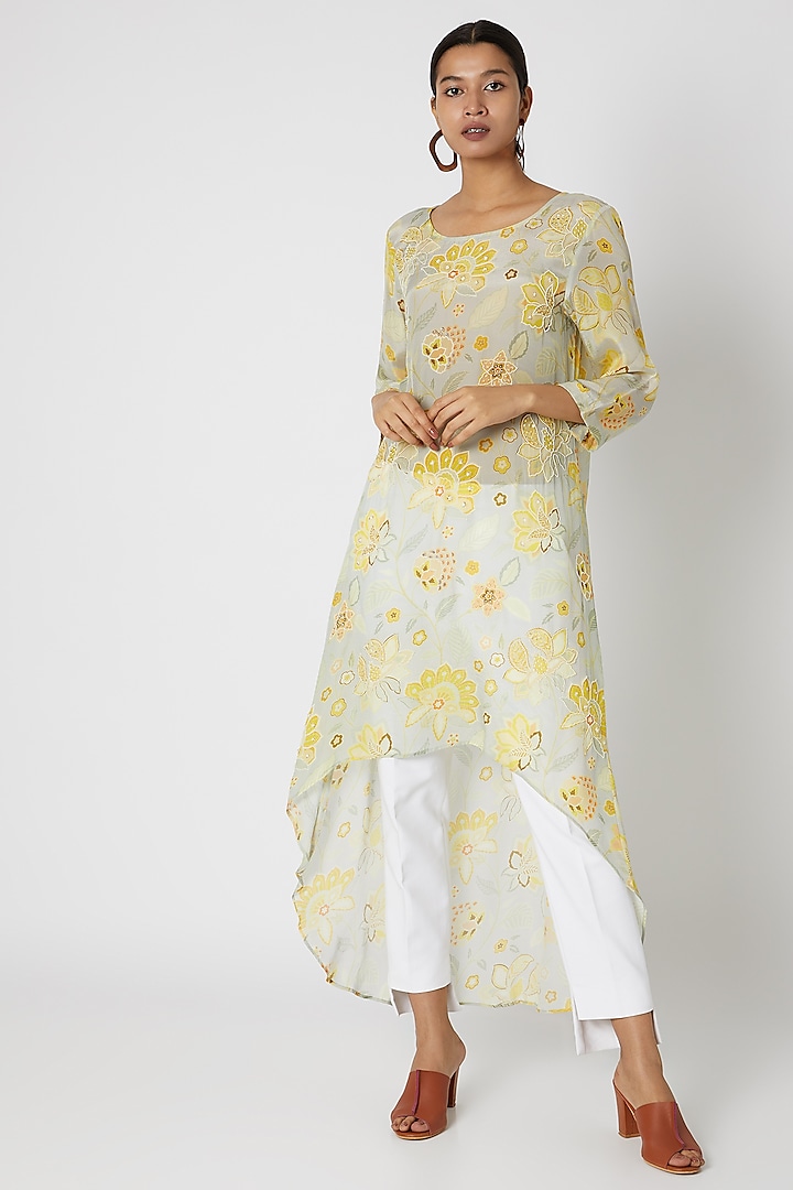 Sky Blue Embellished & Printed Asymmetric Dress by Archana Shah