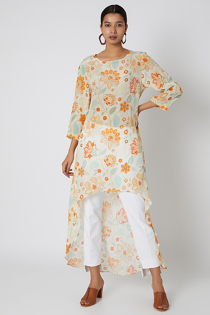 Orange Floral Printed Asymmetric Dress by Archana Shah