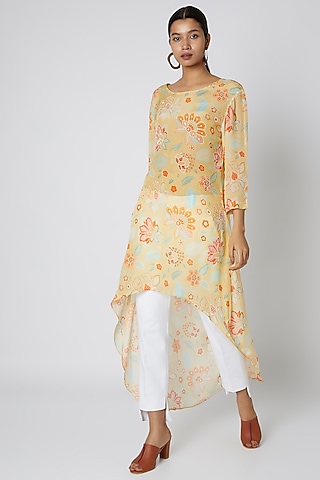 Yellow Asymmetric Floral Printed Tunic by Archana Shah