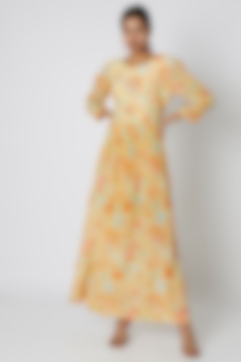 Yellow Floral Printed & Embellished Maxi Dress by Archana Shah