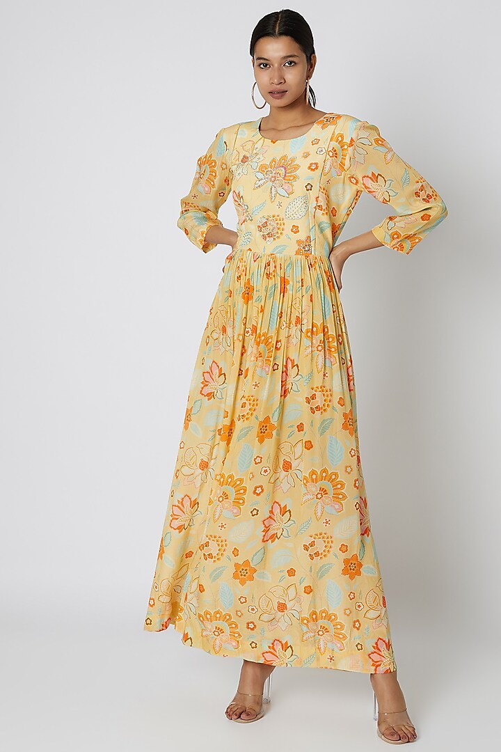 Yellow Floral Printed & Embellished Maxi Dress by Archana Shah