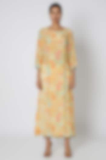 Yellow Sequins & Floral Printed Overlap Tunic by Archana Shah