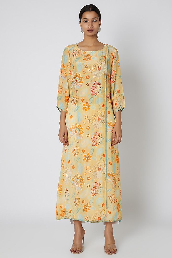 Yellow Sequins & Floral Printed Overlap Tunic by Archana Shah