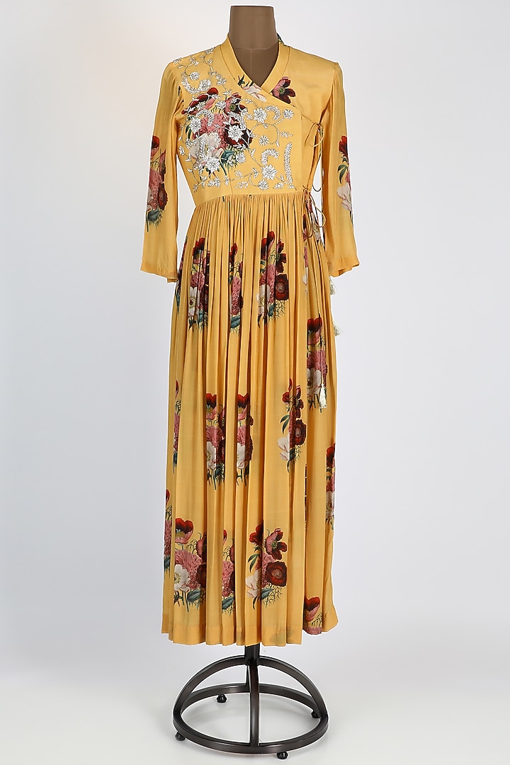 Yellow Embroidered & Printed Wrap Vacation Dress by Archana Shah at Pernia's Pop Up Shop