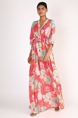 Orange Printed & Embroidered Kaftan Dress by Archana Shah