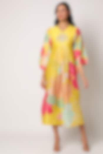 Yellow Printed & Embroidered Maxi Dress by Archana Shah 