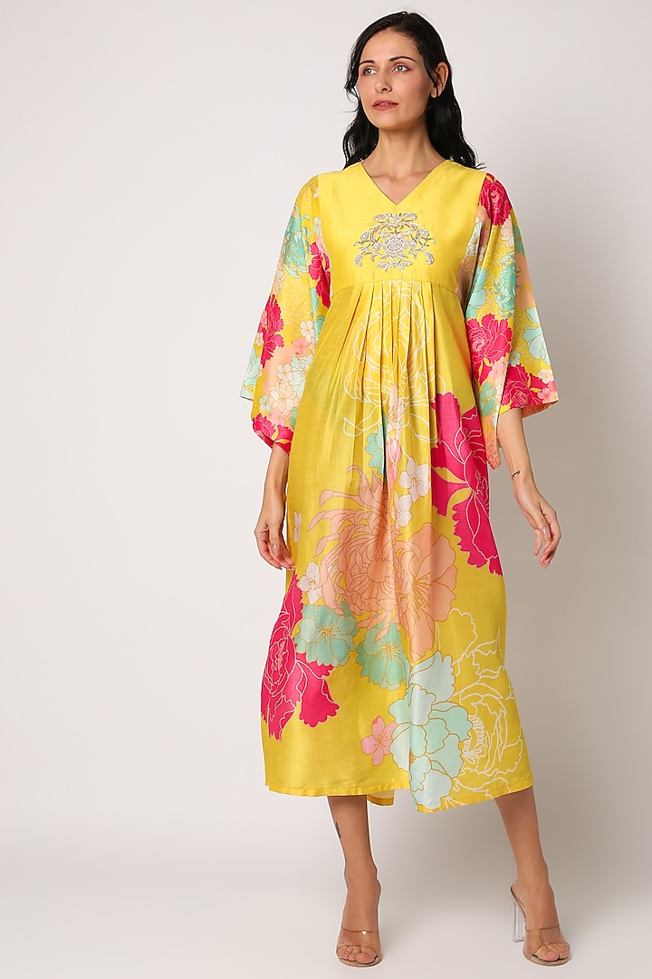 Yellow Printed & Embroidered Maxi Dress by Archana Shah 