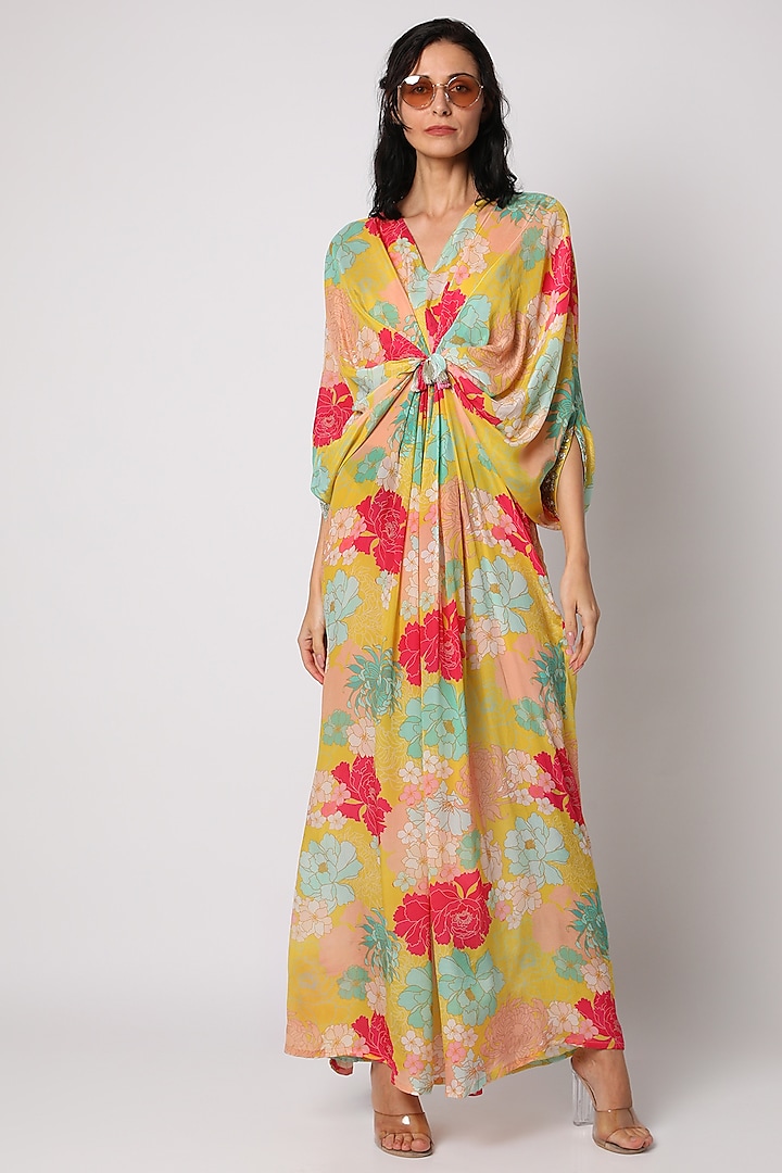 Yellow Printed & Embroidered Kaftan Dress by Archana Shah