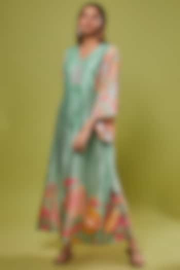 Powder Blue Bemberg Crepe Floral Printed Maxi Dress by Archana Shah