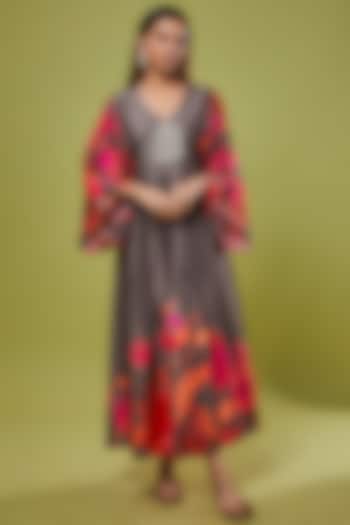 Grey Bemberg Crepe Floral Printed Maxi Vacation Dress by Archana Shah at Pernia's Pop Up Shop