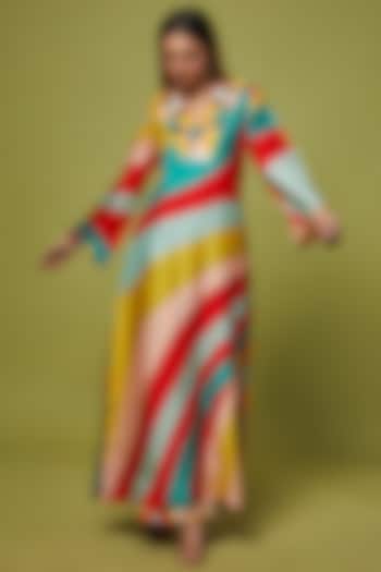 Multi-Colored Silk Floral Printed & Embroidered Maxi Dress by Archana Shah