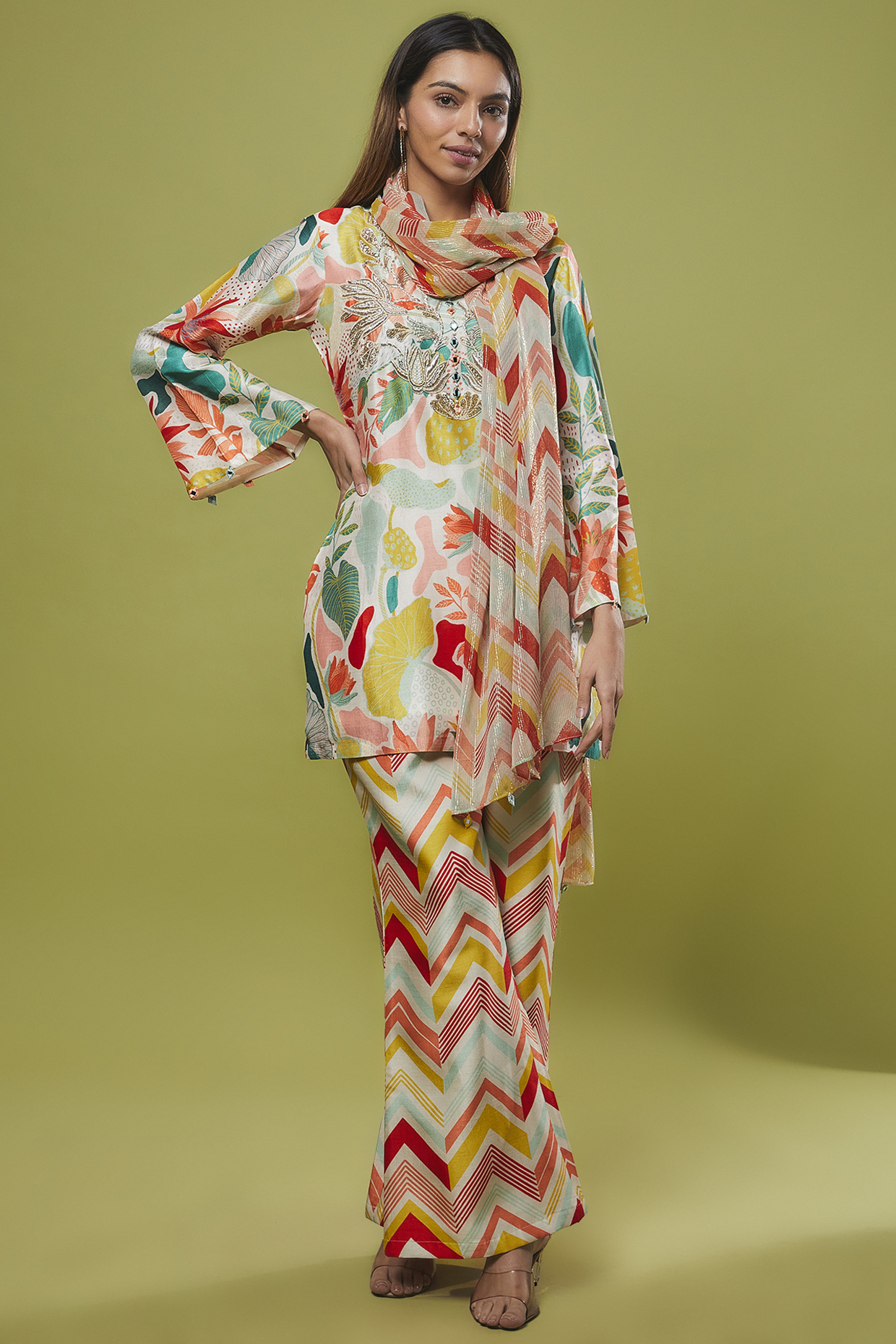 Multi-Colored Bemberg Silk Printed Sharara Set by Archana Shah