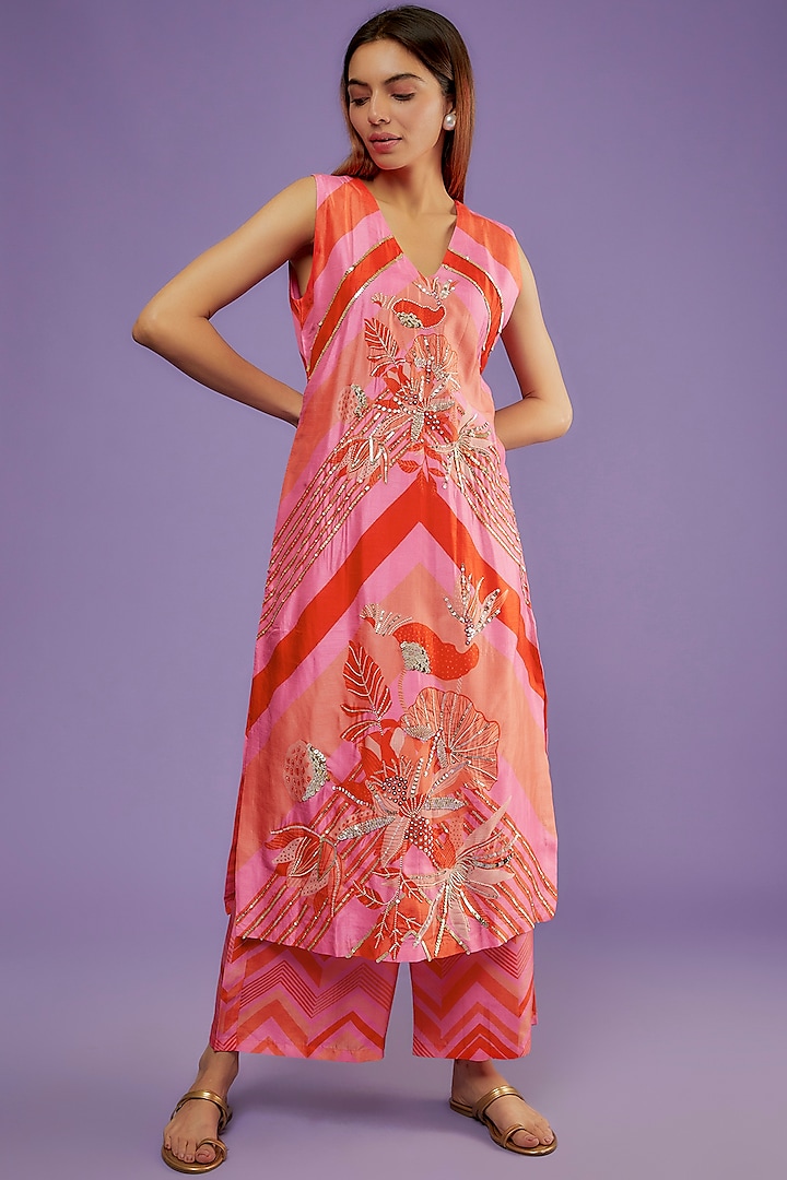 Pink Bemberg Silk Tropical Printed Kurta Set by Archana Shah