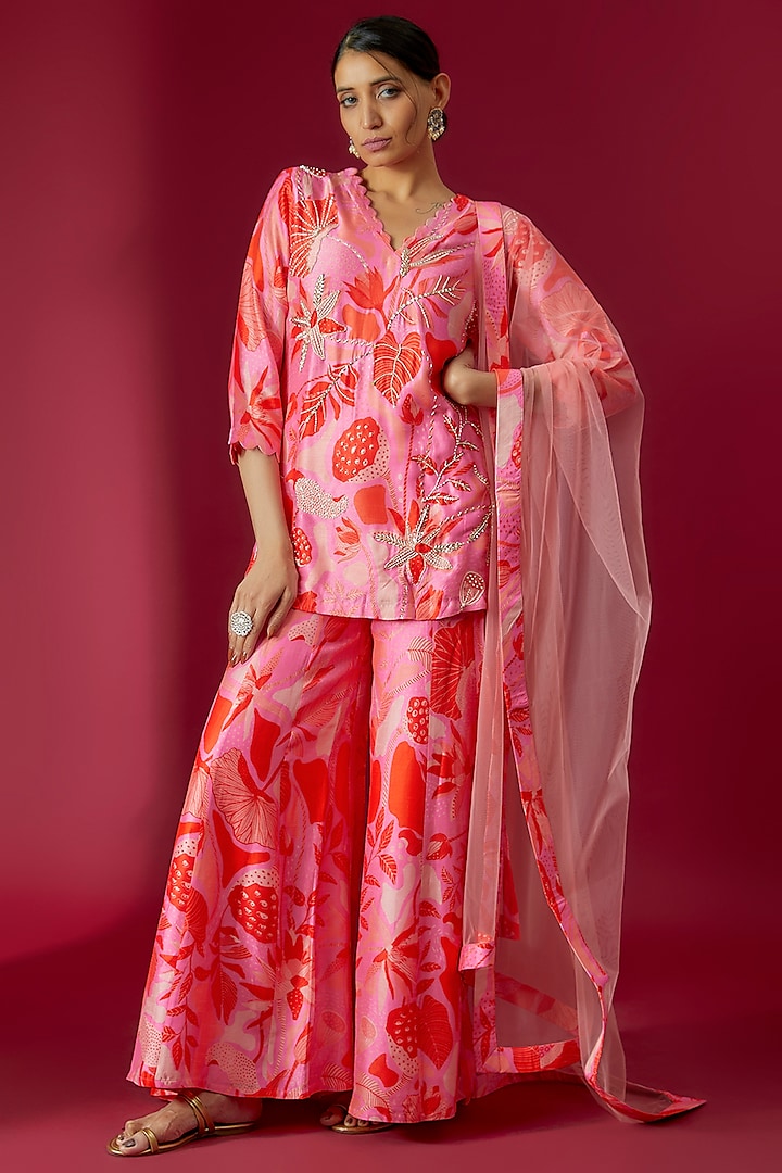 Pink Bemberg Crepe & Silk Floral Printed Sharara Set by Archana Shah