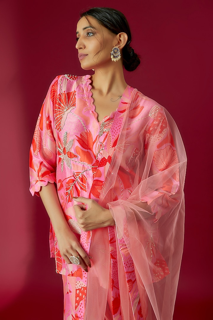Pink Bemberg Crepe & Silk Floral Printed Wedding Sharara Set by Archana Shah at Pernia's Pop Up Shop