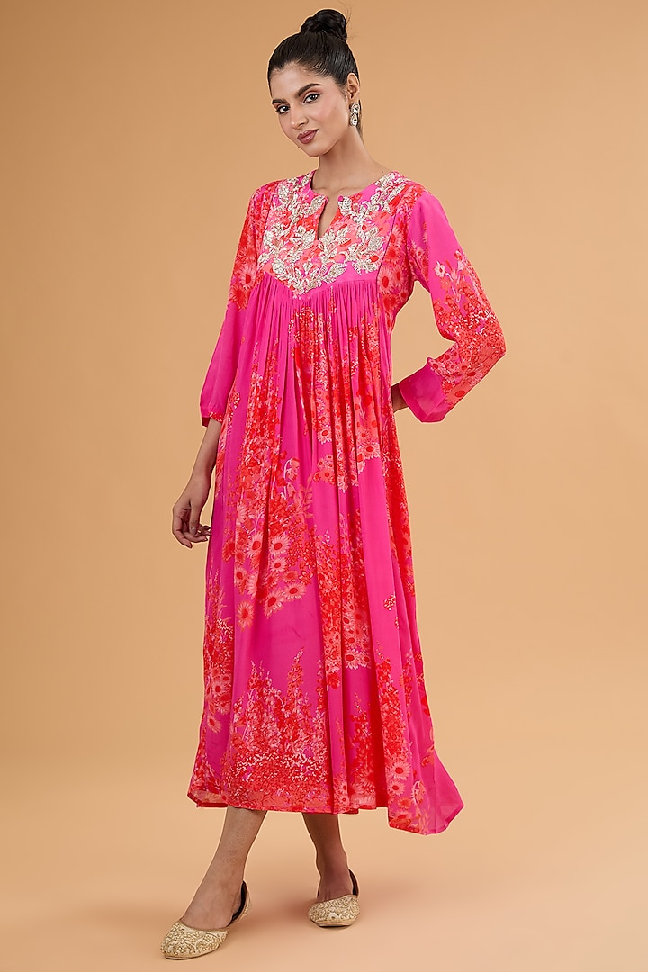 Pink Bemberg Crepe Hand Embroidered Maxi Dress by Archana Shah at Pernia's Pop Up Shop