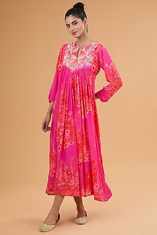 Pink Bemberg Crepe Hand Embroidered Maxi Dress by Archana Shah