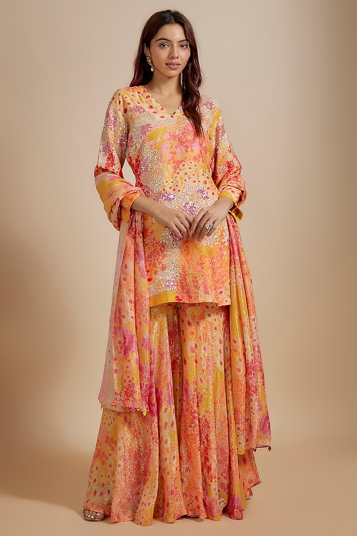 Yellow Georgette Shimmer Digital Floral Printed Sharara Set by Archana Shah