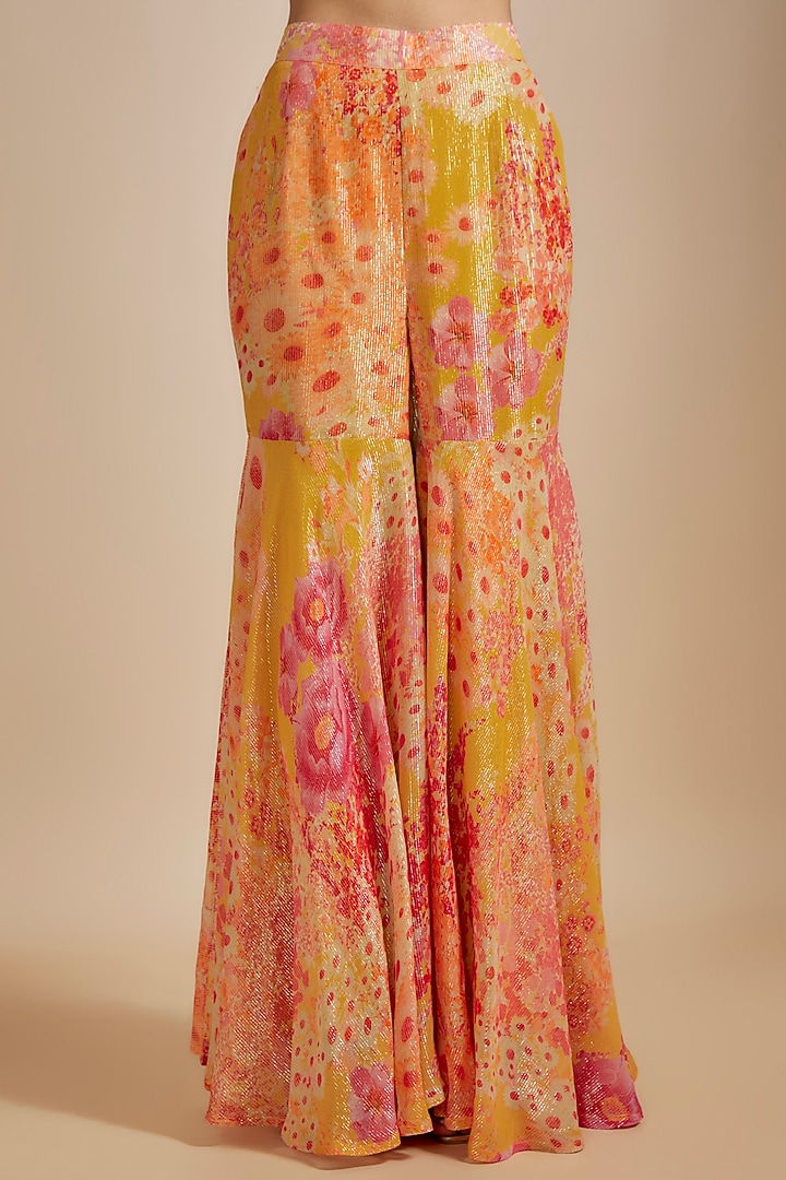 Yellow Georgette Shimmer Digital Floral Printed Wedding Sharara Set by Archana Shah at Pernia's Pop Up Shop