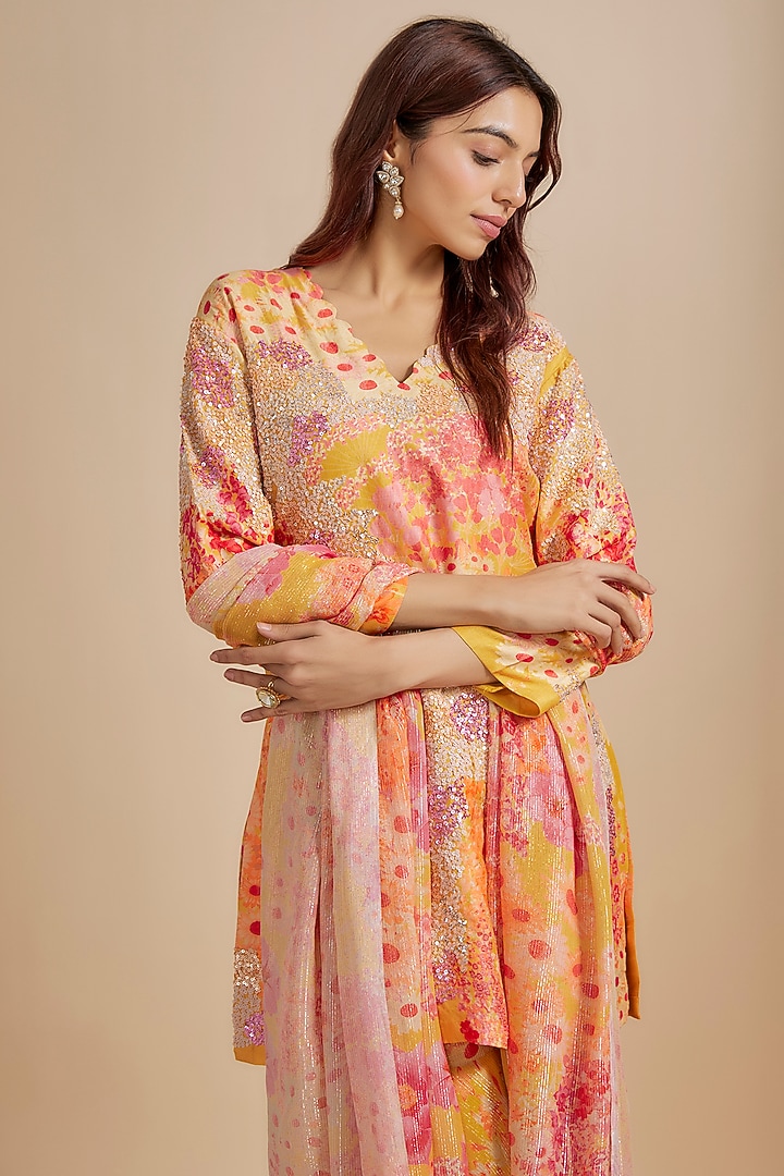 Yellow Georgette Shimmer Digital Floral Printed Wedding Sharara Set by Archana Shah at Pernia's Pop Up Shop