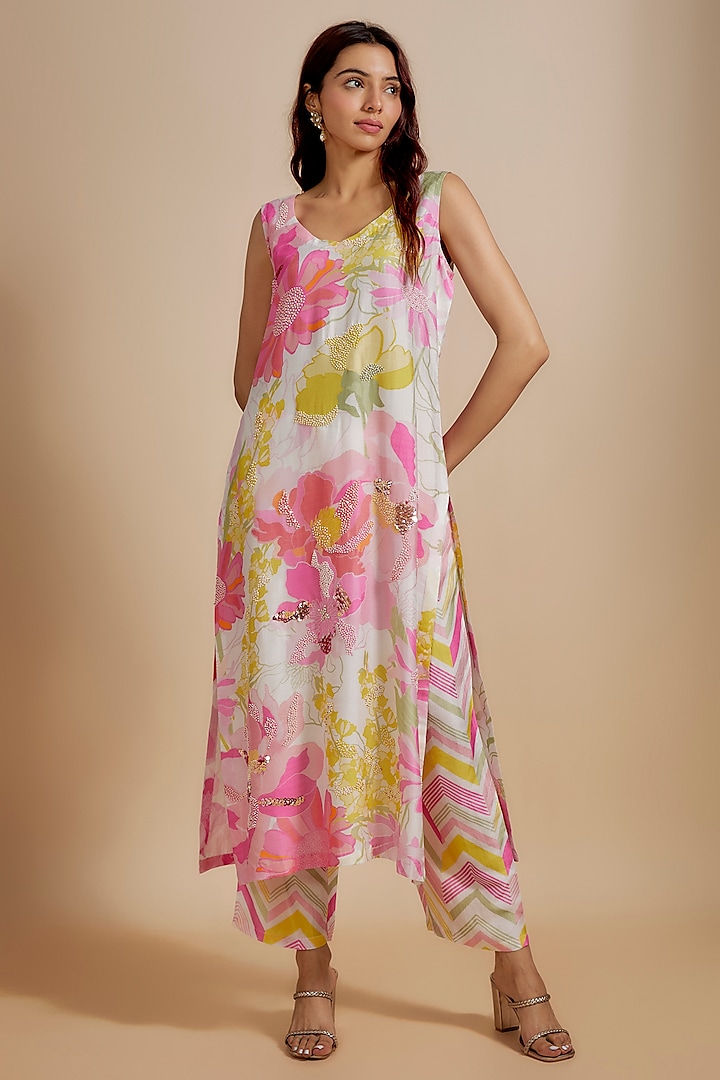 Multi-Colored Natural Bemberg Silk Digital Printed Oversized Kurta Set by Archana Shah
