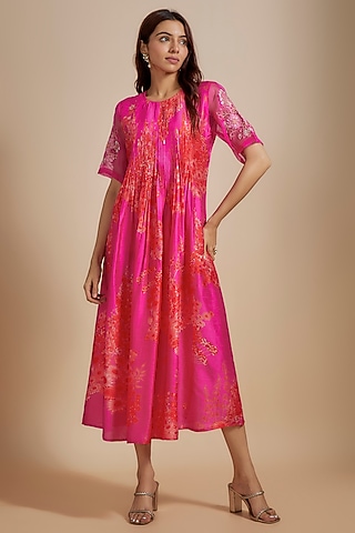 Fuchsia Silk Pleated Tunic by Archana Shah